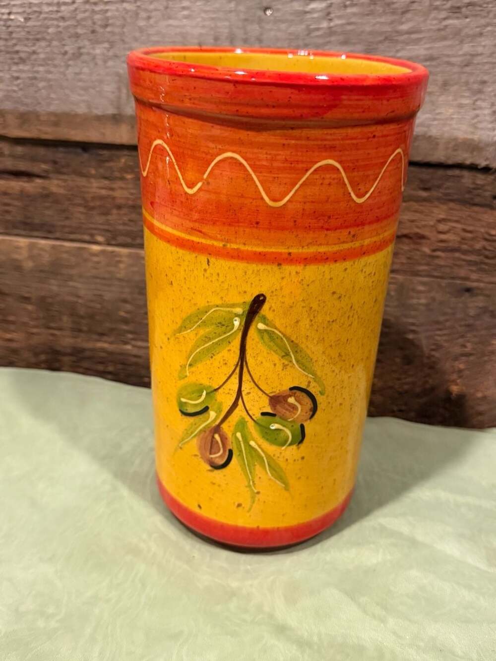 Pier 1 Imports Italian Hand Painted Ceramic Utensil Holder Vase  Olive Branch